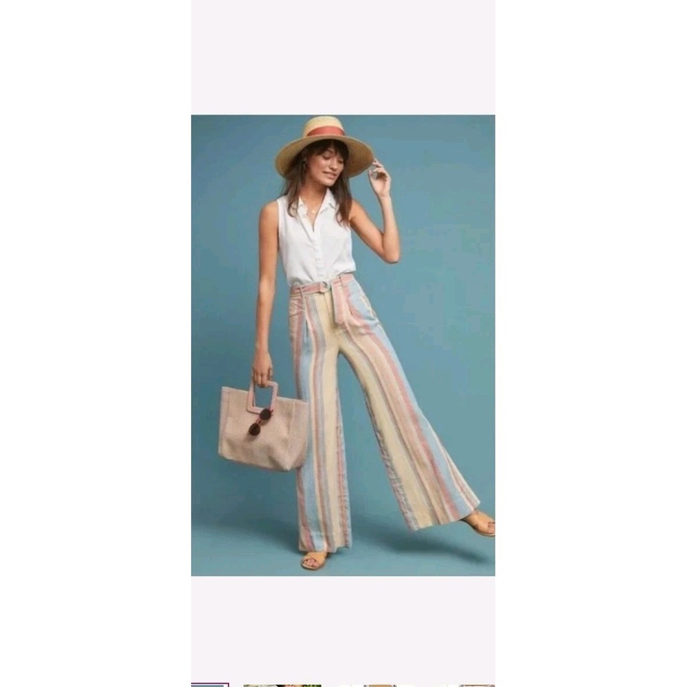 Anthropologie Beachy Striped Wide Leg Pants Linen Blend Sz 12 Bohemian 32X30